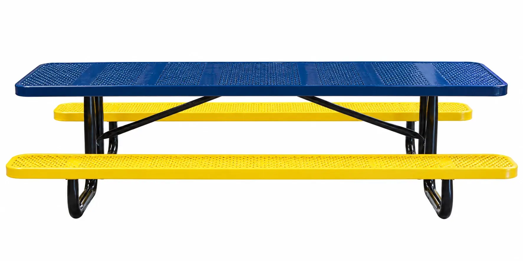 Blue and yellow perforated metal commercial picnic table with black frame, customized in coordinating school colors.